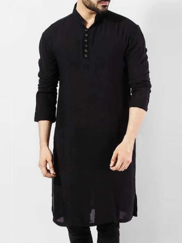 Solid Color Arabian Kaftan Men Shirt Muslim Fashion Simple Long Islamic Clothing Qamis Homme Roupas Masculinas Abayat Kurta Men