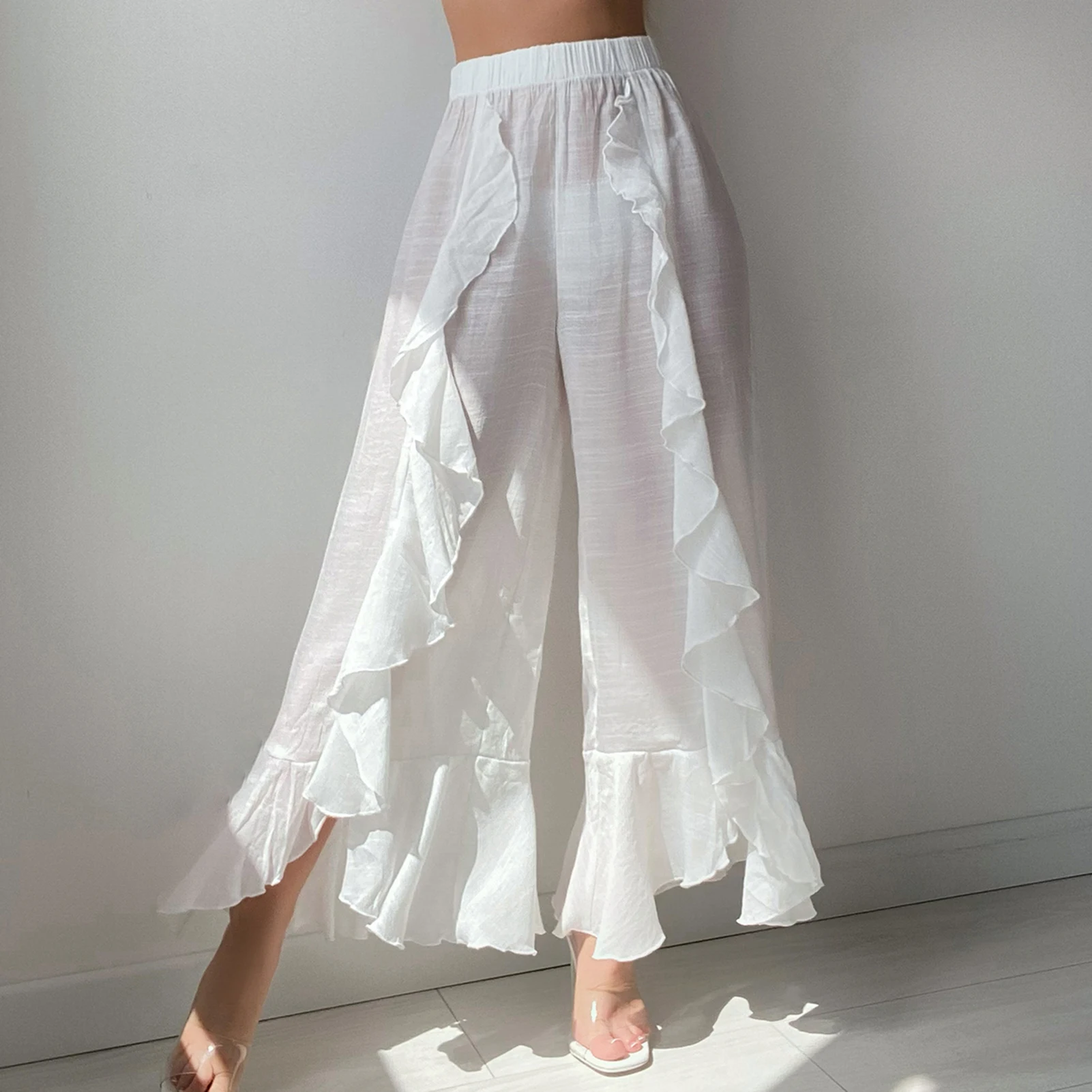 

Women Wide Leg Trousers Fashion Ruffled Loose Trousers Solid Elastic Waist Breathable Baggy Tulle Simple Elegant Trousers