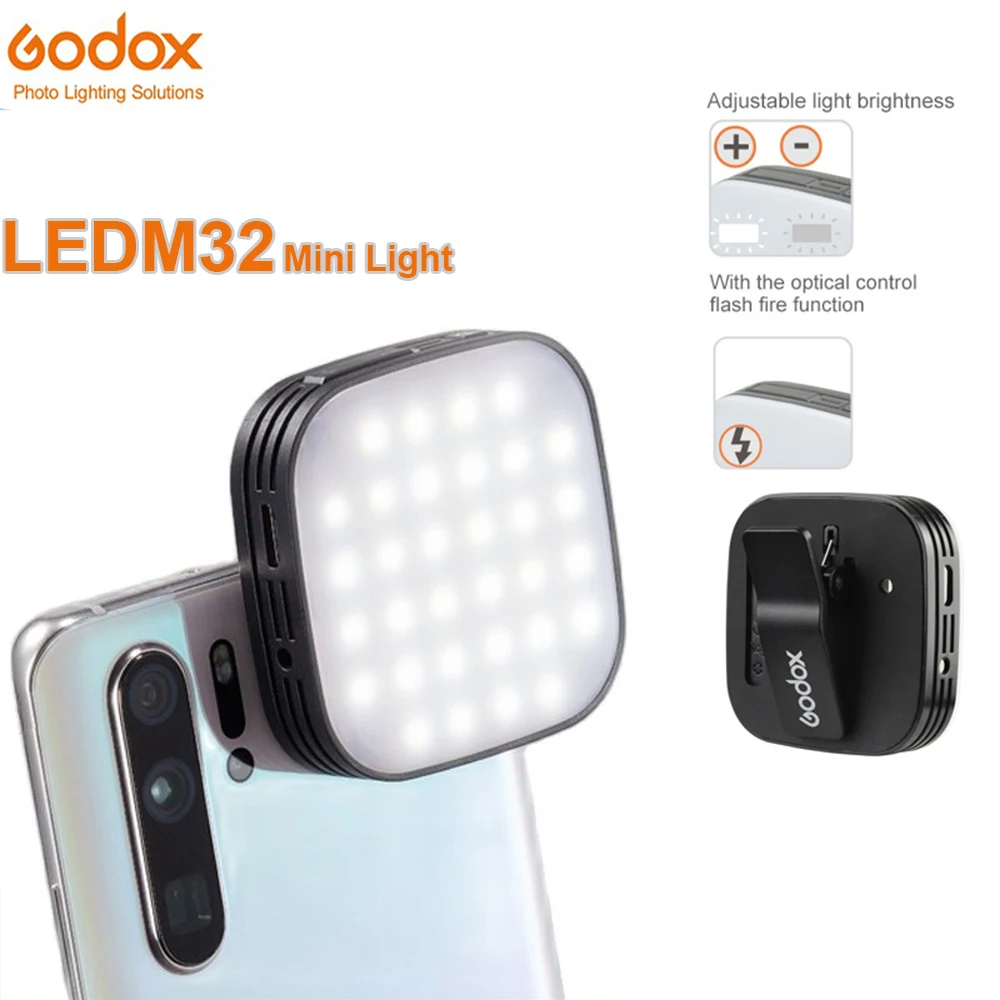Смартфон GODOX LEDM32, светодиодный мини-светильник, портативное освещение для видеосъемки, селфи в реальном времени и Vlog, улучшающий заполняющий свет для телефонов
