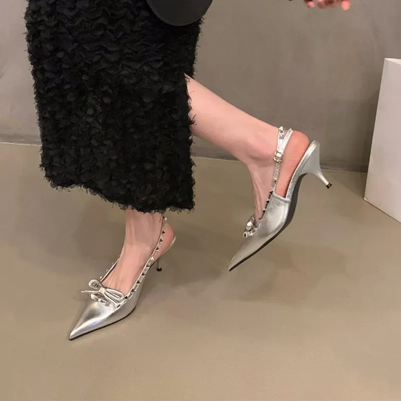 2024 женские летние Серебристые черные туфли на высоком каблуке с острым носком