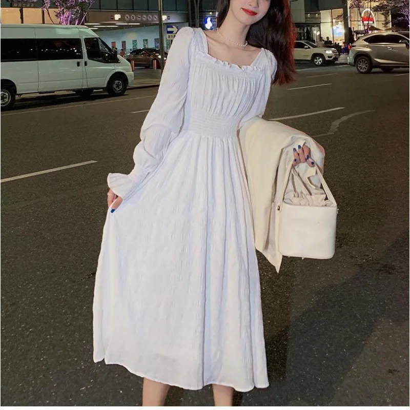 

White Elegant Dress Women Square Collar Long Sleeve Dresses Vintage Autumn 2022 Fairy Robe Korean Fashion Outfits