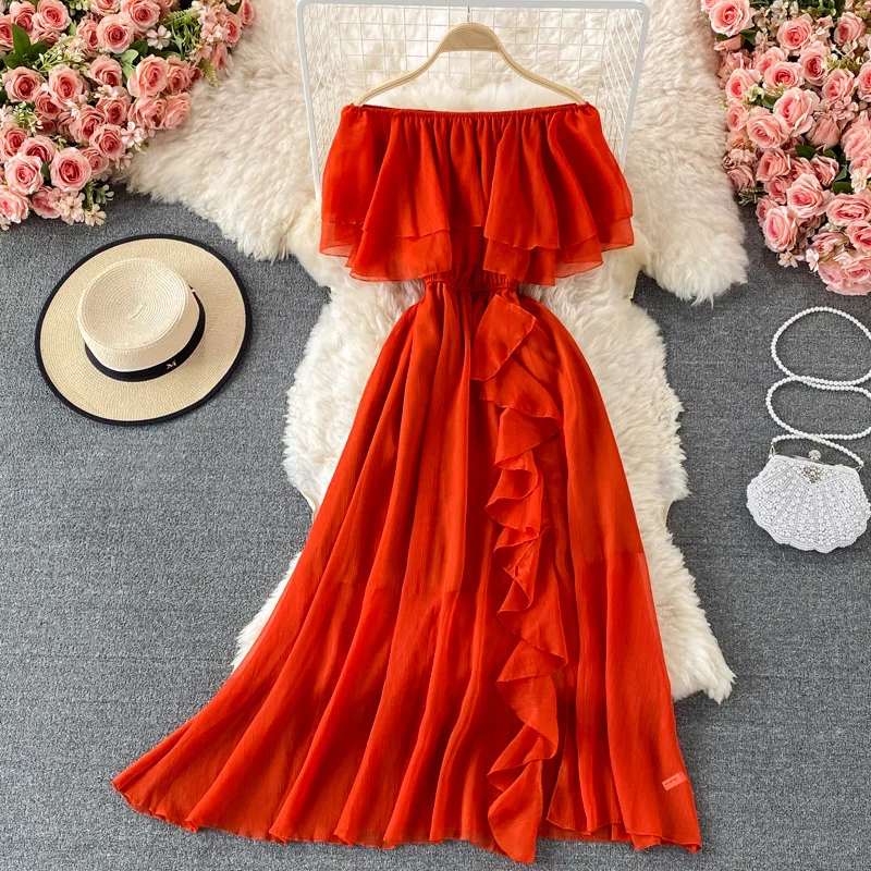 

Beach Sexy Off The Shoulder Dress Women Summer Chiffon Ruffles Boho Dresses Ladies Elegant A Line Midi Dress Long Robe