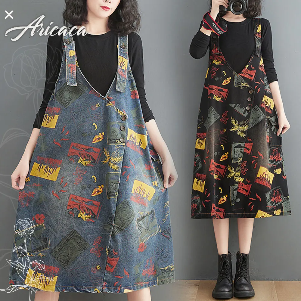 

Aricaca Casual Loose Overalls Dresses Women Flower Printed Strap Jeans Dresses Straps Jean Denim Dress