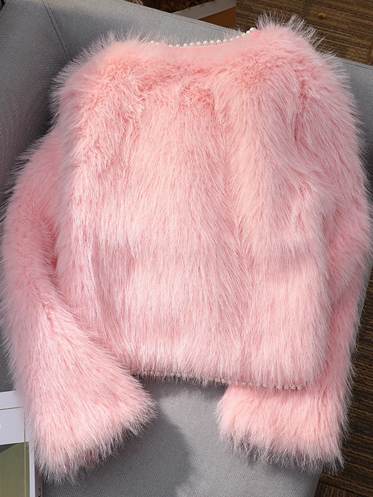 Winter Clothes Women Young Pearls Fur Fluffy Jacket 2022 New Classic Style Women's Fashion Heavy Pink Beads Furry Short Coat