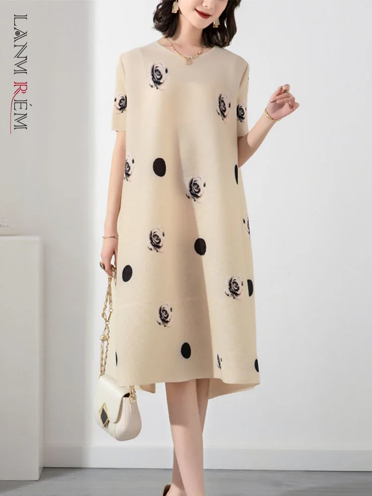 

LANMREM плиссированное платье с цветочным принтом для женщин, круглый вырез, короткие рукава, свободная шикарная одежда 2022, летняя новая женска...