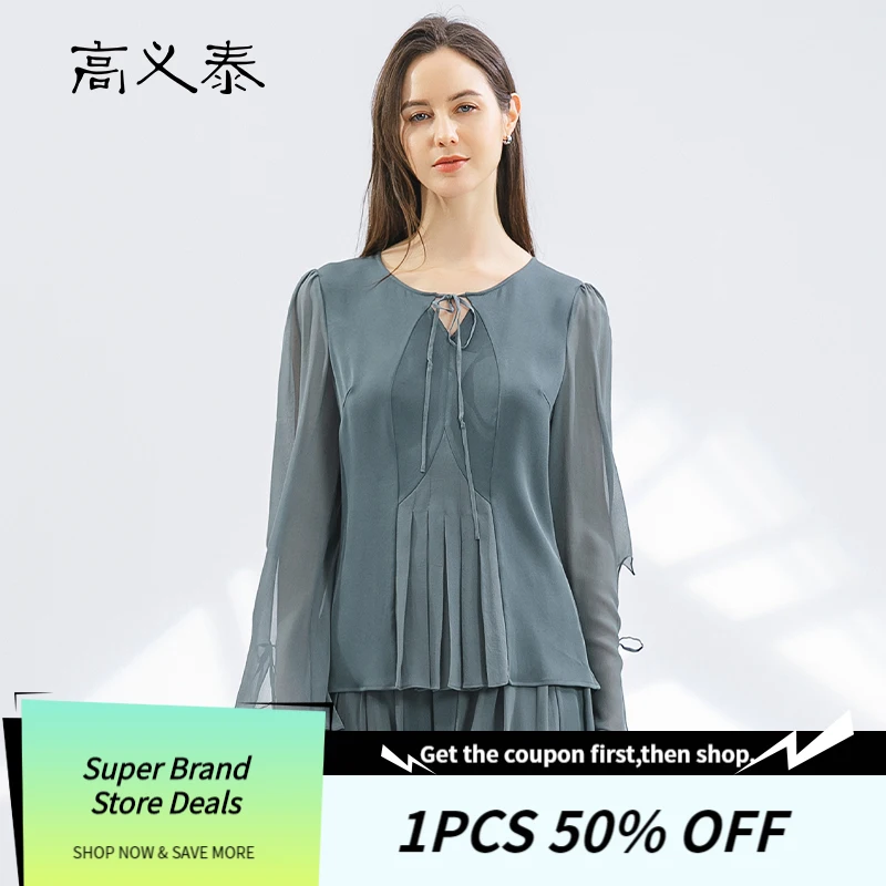 

40 Momme Double Sided Joe Heavy Silk Hollow Lace-Up Round Neck Woman Tshirts Design Flared Long Sleeve Elegant T-Shirt BY198