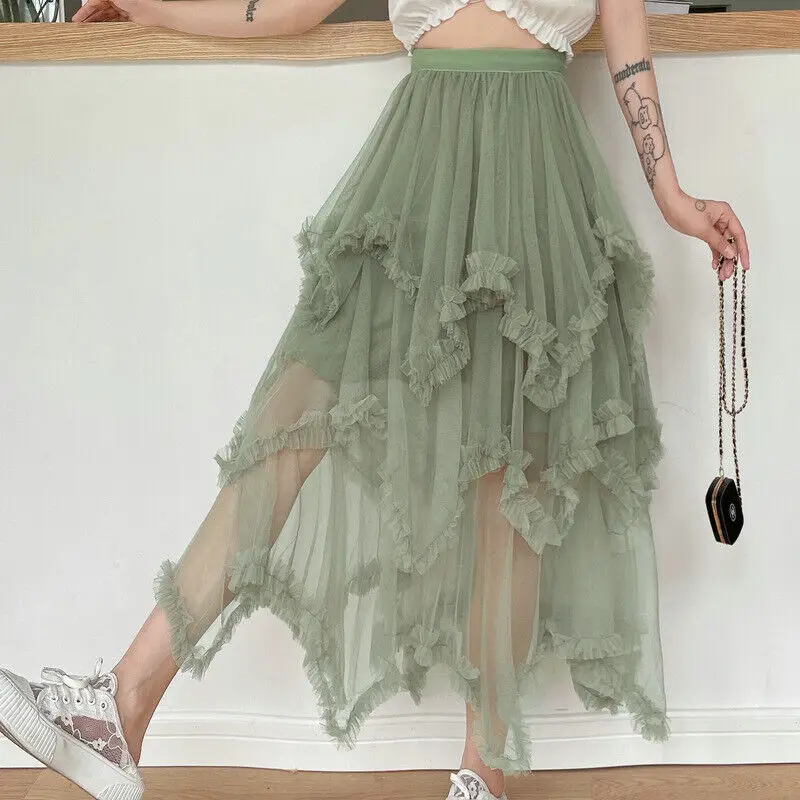 Фото Женская летняя асимметричная сетчатая юбка-пачка с высокой талией и оборками из тюля, большие качели, пушистые сказочные плиссированные юбки, нерегулярная плиссированная юбка №1