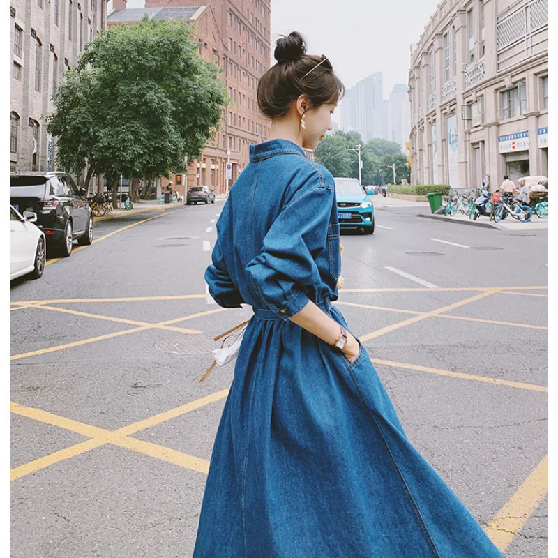 

Синие джинсовые длинные платья для женщин с длинным рукавом Осенняя Облегающая рубашка в французском ретро стиле с длинным рукавом Повседневная винтажная одежда