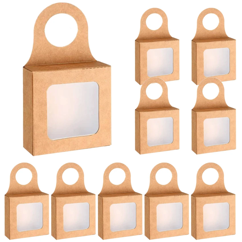 

10 Kraft paper wine bottle boxes with window bottle hooks Gift boxes for gift hanging Foldable gift boxes for biscuit