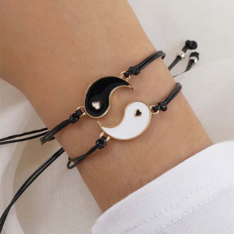 

TULX 2pcs Matching Yin and Yang Bracelets For Best Friends Couple Dripping Oil Tai Chi Gossip Bracelet Friendship Jewelry