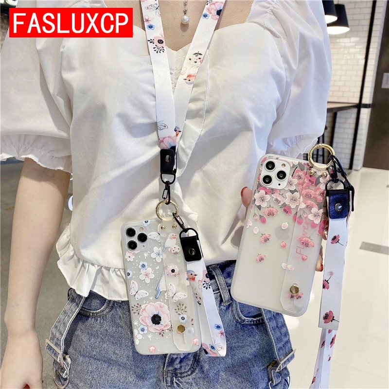 Neck Lanyard 3D Relief Flower Wrist Strap Phone Holder Case for iPhone 14 Pro Max 12 13 SE 2 3 11 X XR XS 6 7 8 Plus TPU Cover