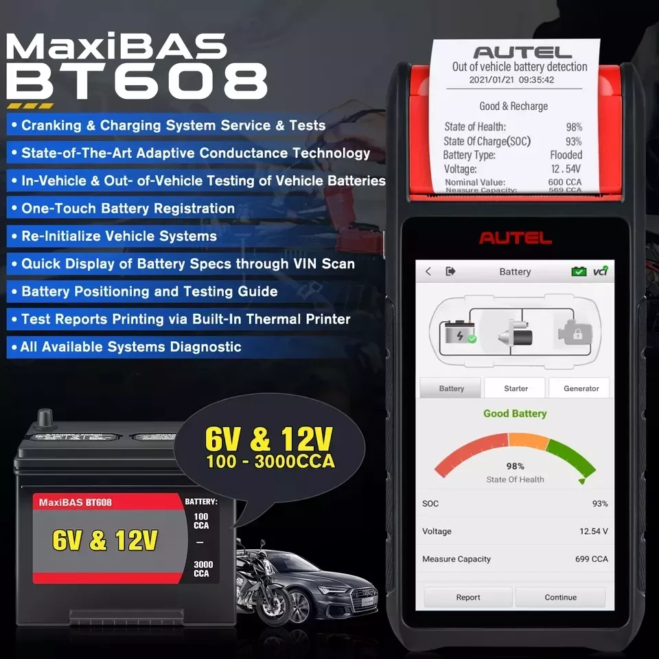 Автомобильный анализатор аккумуляторов Autel MaxiBAS BT608 интеллектуальная система