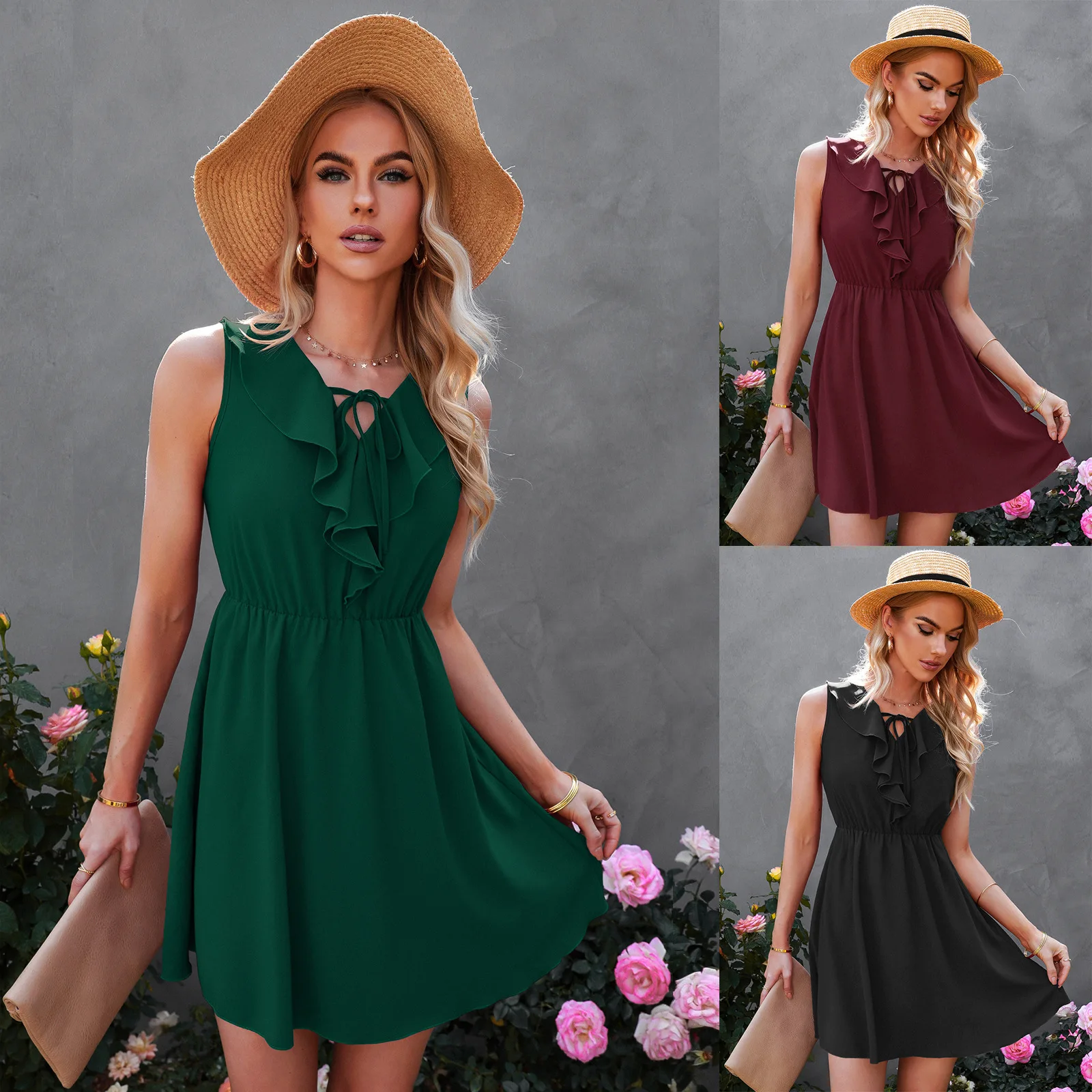 

2022 Summer V-Neck Sleeveless Ruffle Dress Short Skirt woman dress dress women