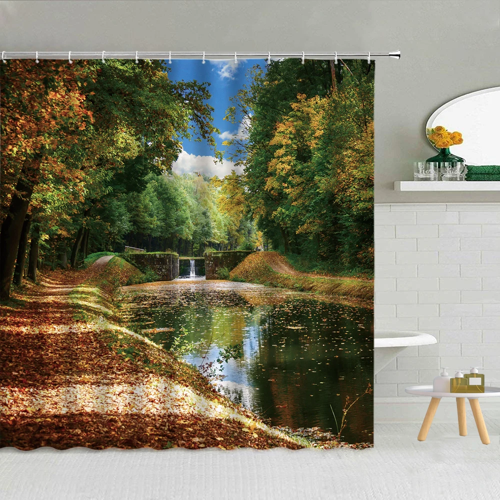 

Nordic Natural Scenery Shower Curtain Hilly River Windmill Green Landscape Bathroom Decor Waterproof Hooks Curtains Tulip Farm
