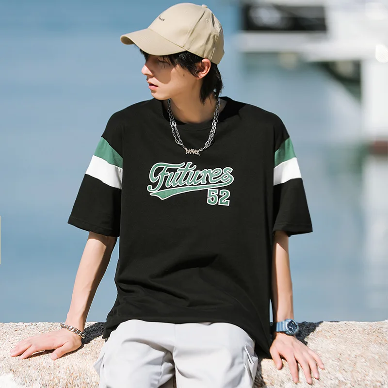 

2022 Spring and Summer New Contrast Color Stitching T-shirt Men's Retro Printing Tide Nrand Short-Sleeved