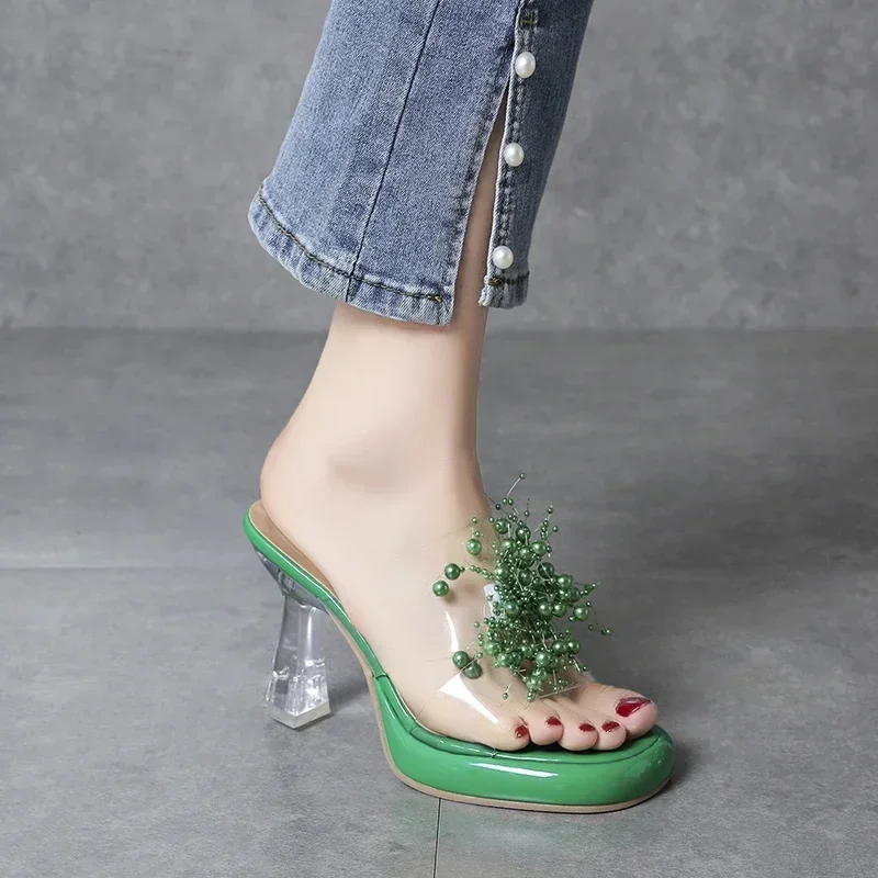 Жемчужные прозрачные женские летние модные босоножки на высоком каблуке с