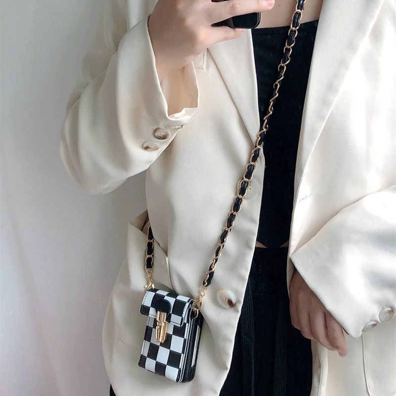 Женский кросс-боди с длинным ремнем и цепью кошелек в шахматную клетку чехол для