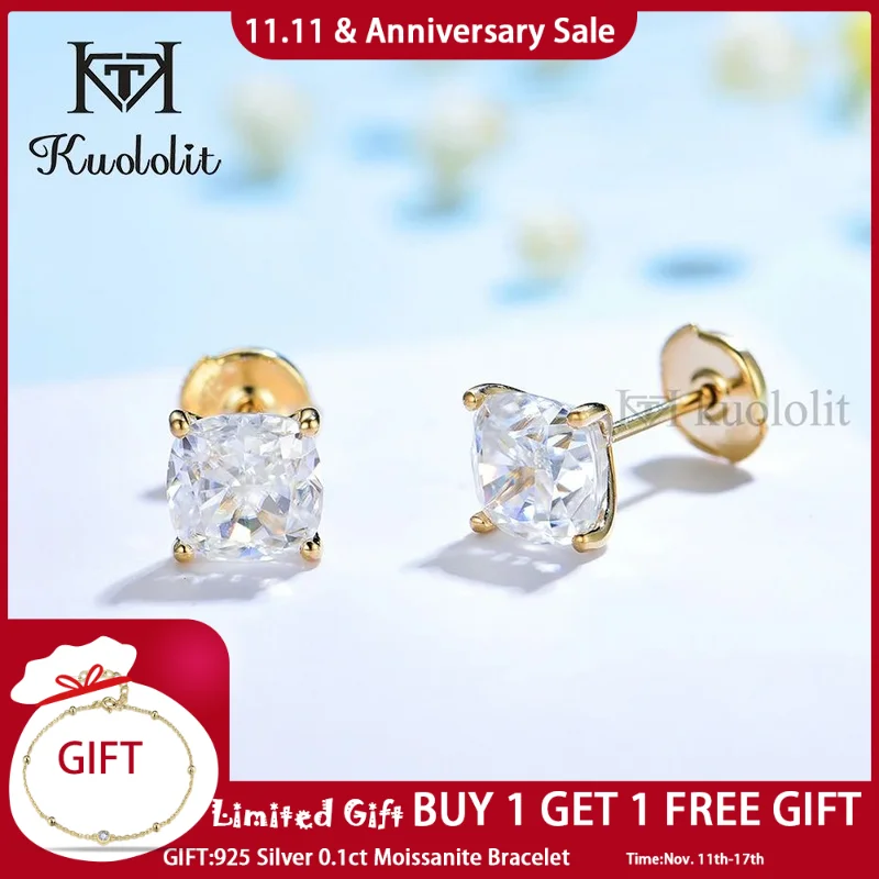 

Kuololit 4CT Crushed Ice Cushion Moissanite Earrings for Women Solid 18K 14K 10K Rose Gold Pousette Back Stud Earrings New 2022