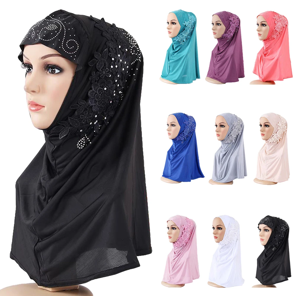 

Muslim Women Hijabs Lace Rhinestone Turban Chemo Cap Instant Scarf Ninja Full Cover Arab Islamic Prayer Ramadan Femme Headwrap