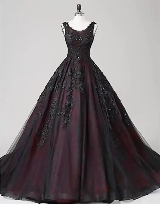 

Black and Red Gothic Wedding Dresses Ball Gown Scoop Beaded Lace Tulle Corset Back Princess Non White Bridal Gowns