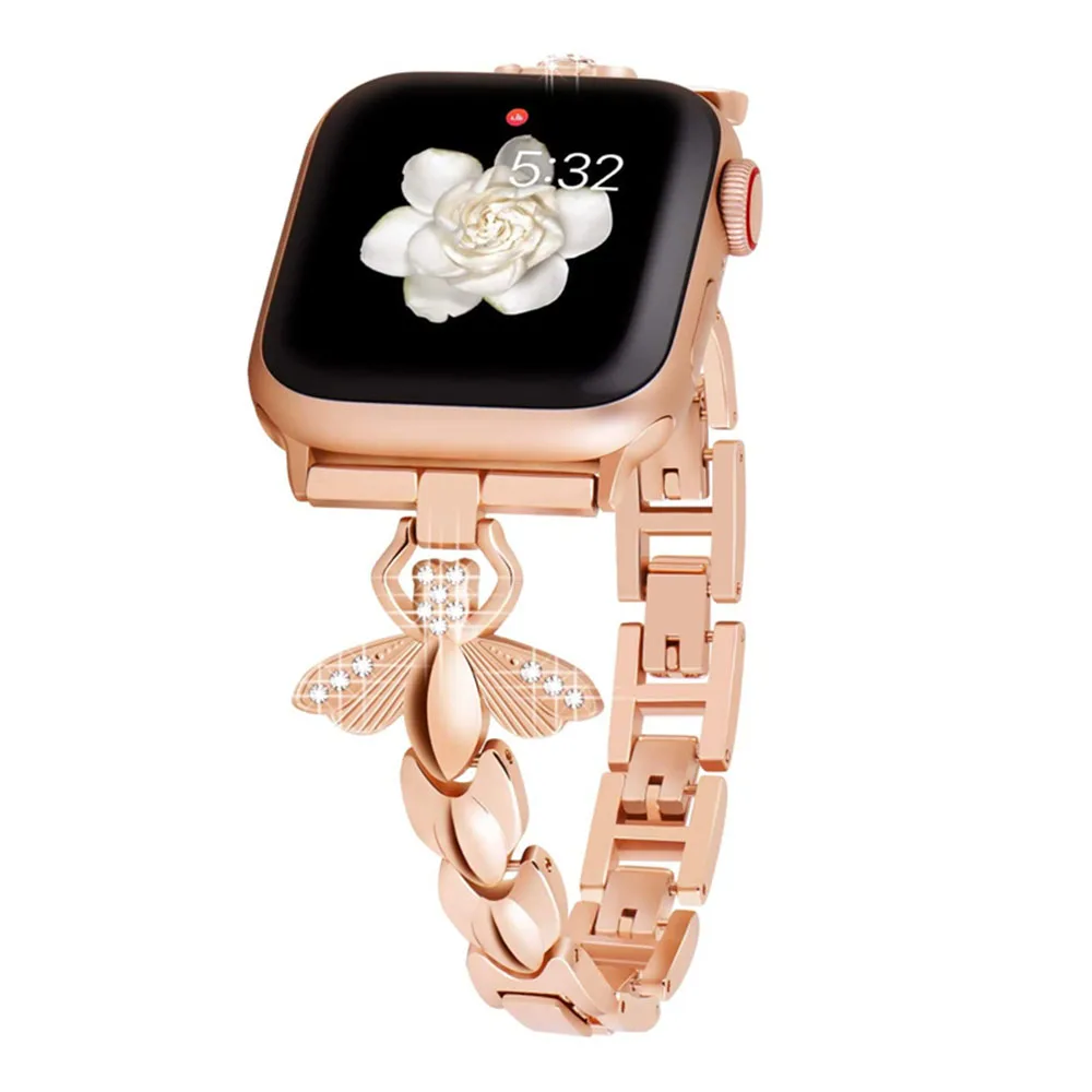 Metal Stainless Steel Strap for Apple Watch Band 8 7 45mm 41mm Bee Diamond-Set Bracelet for iWatch 6 5 4 3SE 44mm 40mm 42mm 38mm