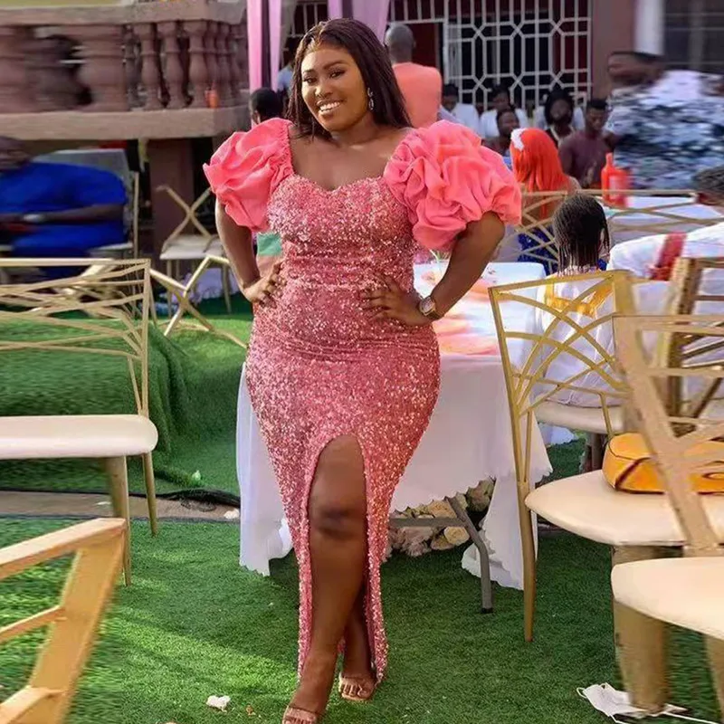 

Женское платье с коротким рукавом Aso Ebi, вечернее платье с разрезом сбоку и блестками, вечерние платья на шнуровке сзади