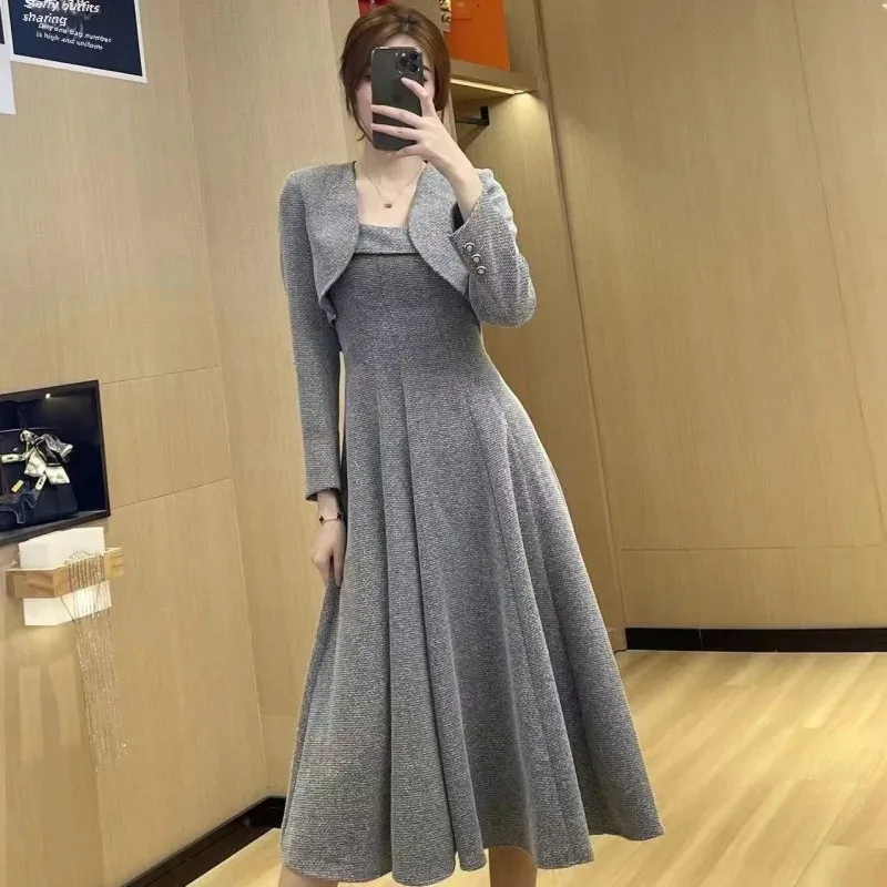 Элегантный женский твидовый костюм платье комплект из 2 предметов осень 2024 новый