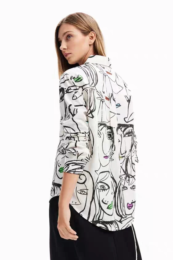 Foreign trade original single Spanish fashion new casual printed hand-painted face cotton slimming ladies shirt