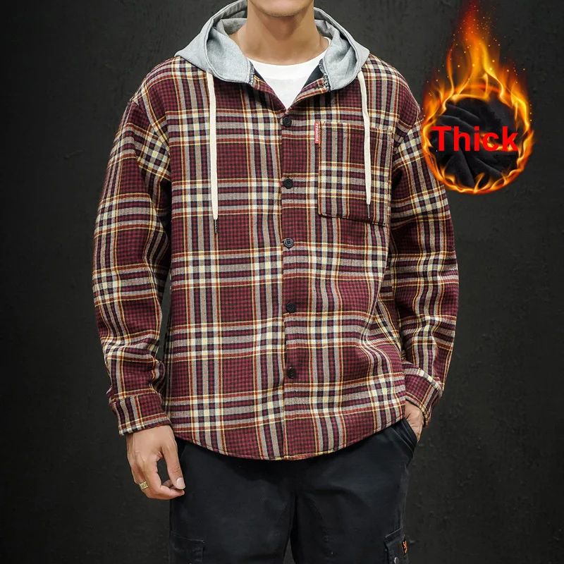 

Men's Plaid Shirts Long Sleeves Hooded Shirt Button Up Thick Shirt Spring Jackets Fashion Casual Tops High Quality