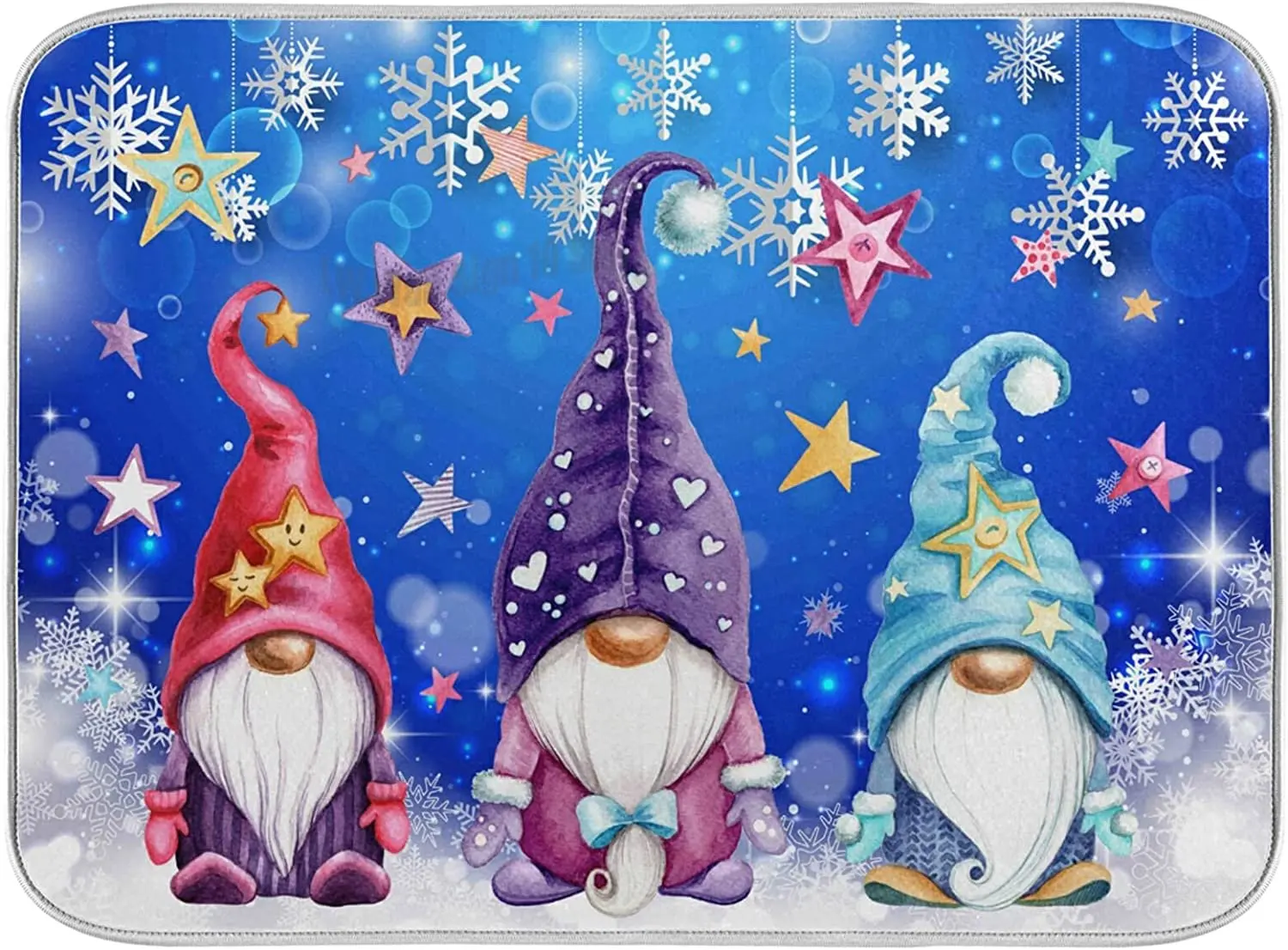 

Blue Snow Flakes Gnome Absorbent Microfiber Dry Dishes Mats Drainer Mat Dish Drying Pad for Countertops Decor