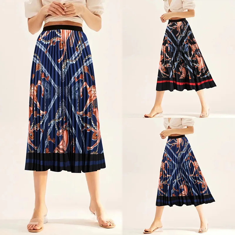 

Summer Women's Half Skirt Vintage Pattern Print High Waist Loose Skirt Casual Ladies All-match A-line Beach Long Skirts
