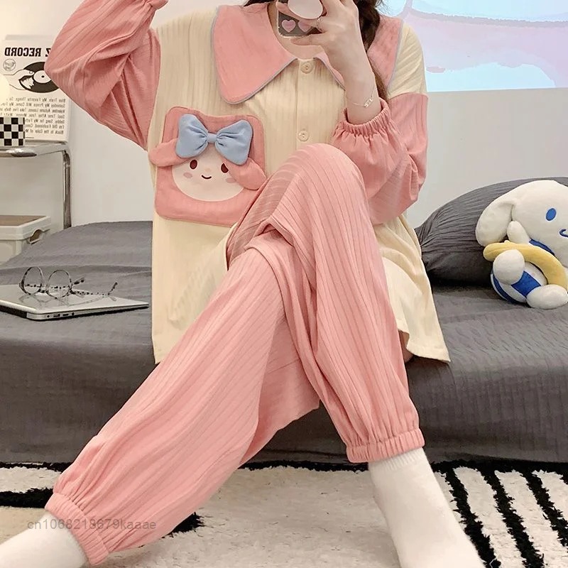 Sanrio Melody New Home Clothes Long Sleeve Tops  Loose Pants 2 Piece Set Women Pajamas Y2k Female Cartoon Cute Sleepwear Suits