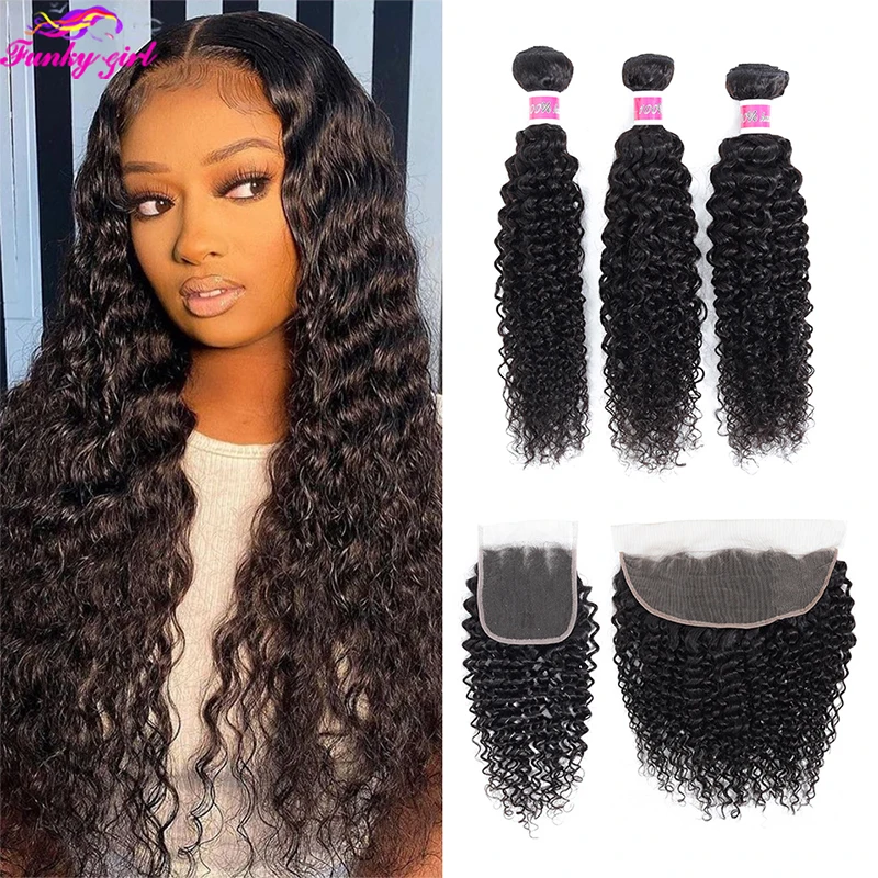 Kinky Curly Bundles Human Hair Weave with Frontal 30 32 Inch Raw Brazilian Hair Bundles with Closure Remy Hair Extensions