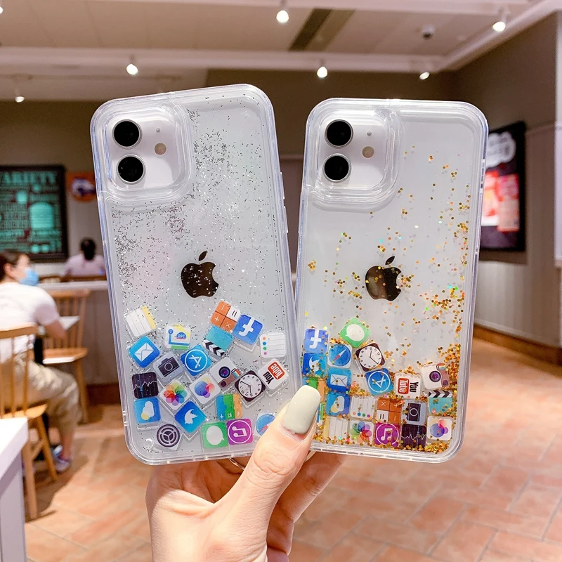 

Women Case for Iphone 13 Pro Max 14 Quicksand Glitter Cover Para Fundas IPhone 11 12 XR X 8 7 Plus Cute Slider App Dynamic Coque
