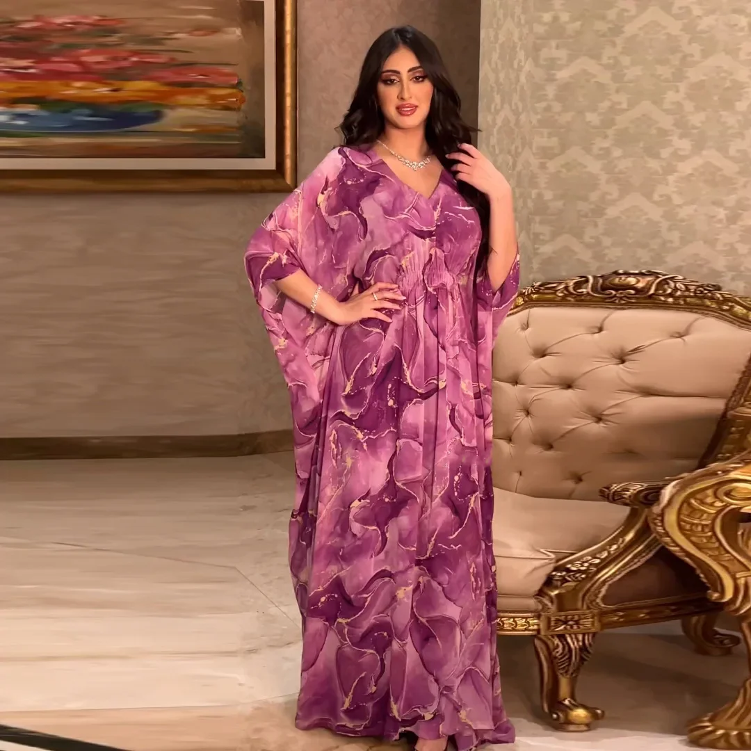 Шифоновое мусульманское платье с принтом Женская абайя рукавом летучая мышь