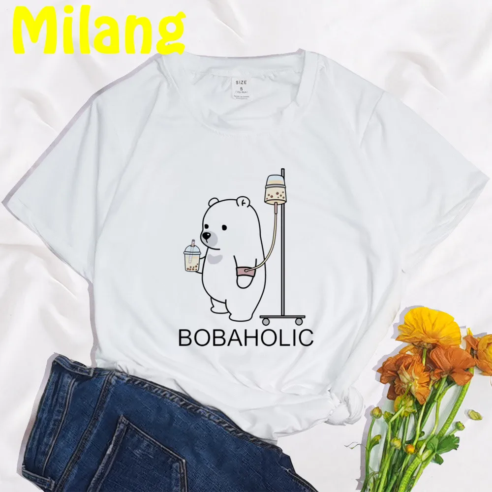 

Boba Bear Need More Boba Funny Cute Mujer Camisetas White Top T Shirts Aesthetics Graphic Short Sleeve t-shirt Polyester T-shirt