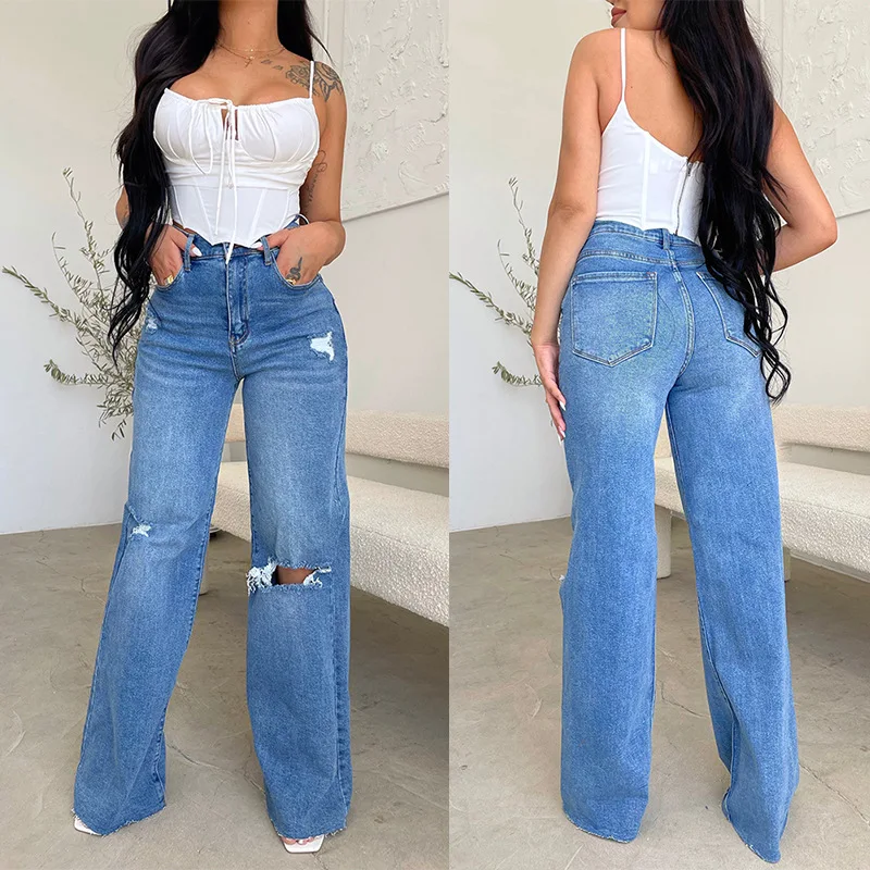 Women's Jeans High Waist Irregular Perforated Ragged Edge Wide Leg Pants Female Fashion Casual Pants Spring Trend Streetwear