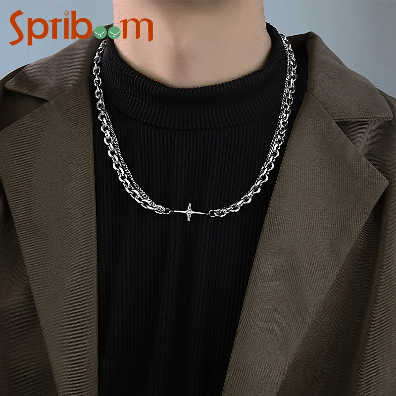 

Double Layer Starburst Necklaces for Women Men Stainless Steel Chain Necklace Zircon Cross Pendant Male Neck Jewelry Accessories