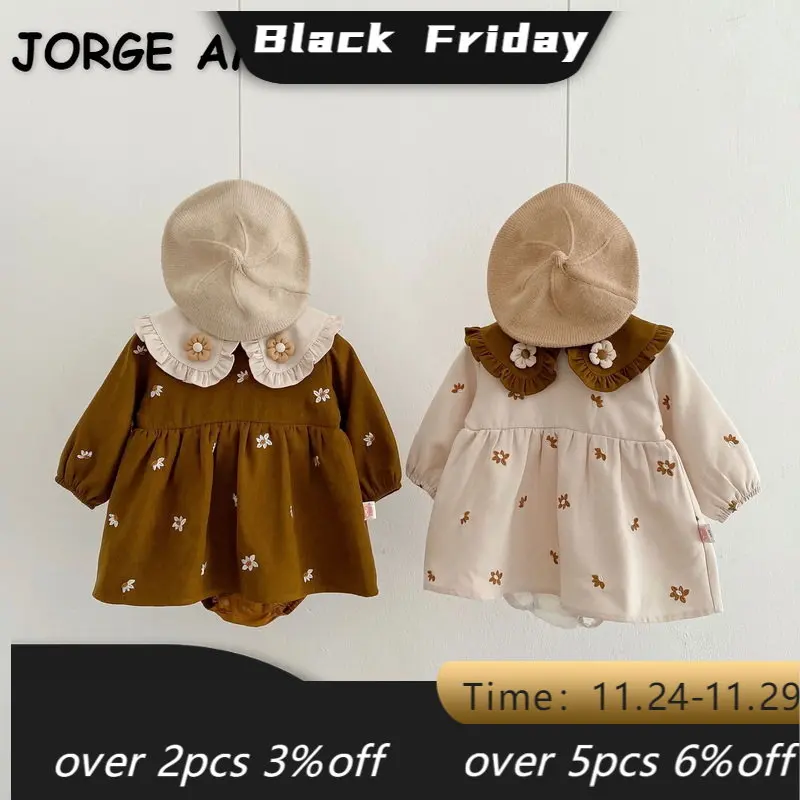 

New Autumn Baby Girl Bodysuit Long Sleeves Coffee Beige Patchwork Peter Pan Collar Cotton Jumpsuit Young Children Playsuit E543