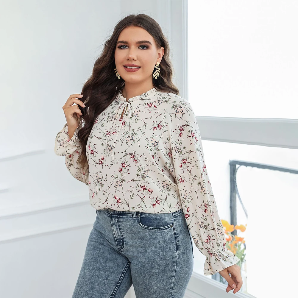 2022 New Spring And Summer Plus Size Women Blouses Long Sleeve Floral Oversized  White Printed T-shirts Chiffon Lace Up Top