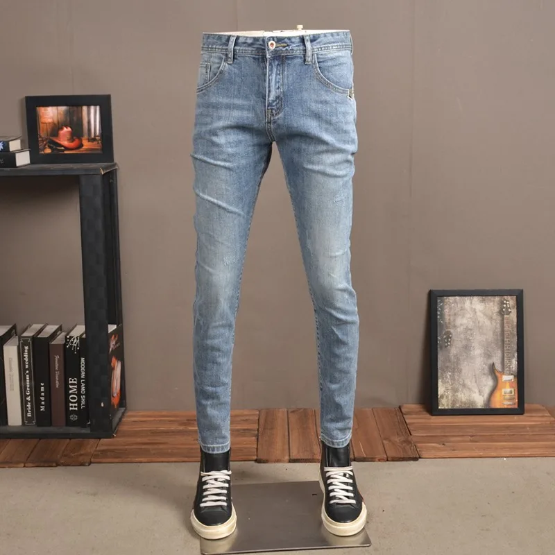 Autumn Light Blue Jeans Men Streetwear Casual Pencil Pants Korean Style Fashion Slim Fit Denim Trousers