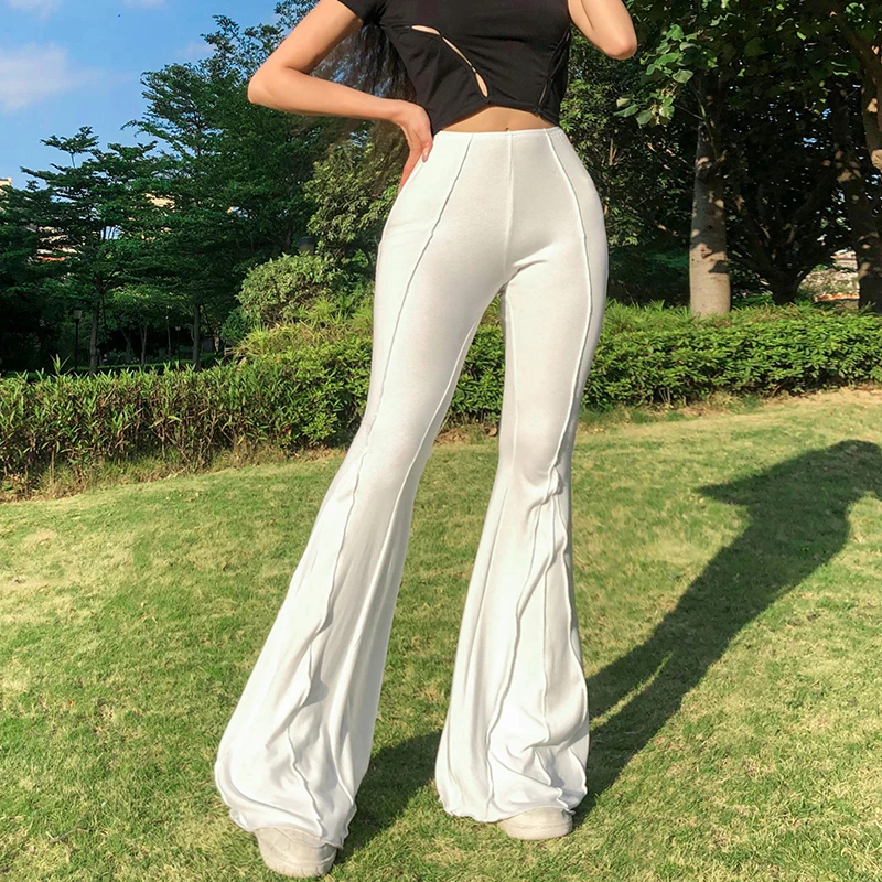 

Women Close-fitting Flared Pants Solid Color Elastic High Waist Ribbed Long Trousers for Summer White/ Brown