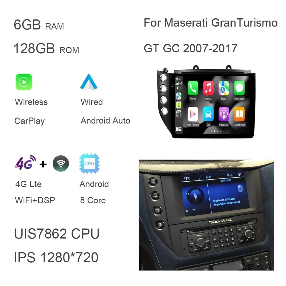 

Автомобильный DVD-плеер Carplay, IPS 1280*720, 10,4 дюймов, Android 13,0, 6 ГБ + 128 Гб, GPS, Wi-Fi, радио для Maserati granatro GT GC 2007- 2017