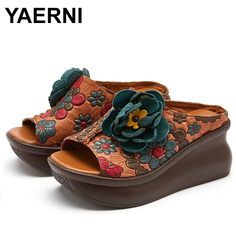 

National Style Women Slippers Summer Printing Flowers Wedges Open Toe Slippers Outside Genuine Leather Platform Slides