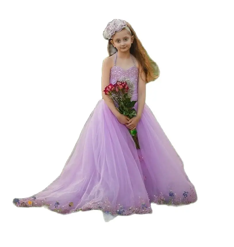 

Halter Lavender Crystals Beaded Girls Pageant Gowns With Satin Bows Tulle Sweep Train Flower Girls Dresses For Wedding Baby Part