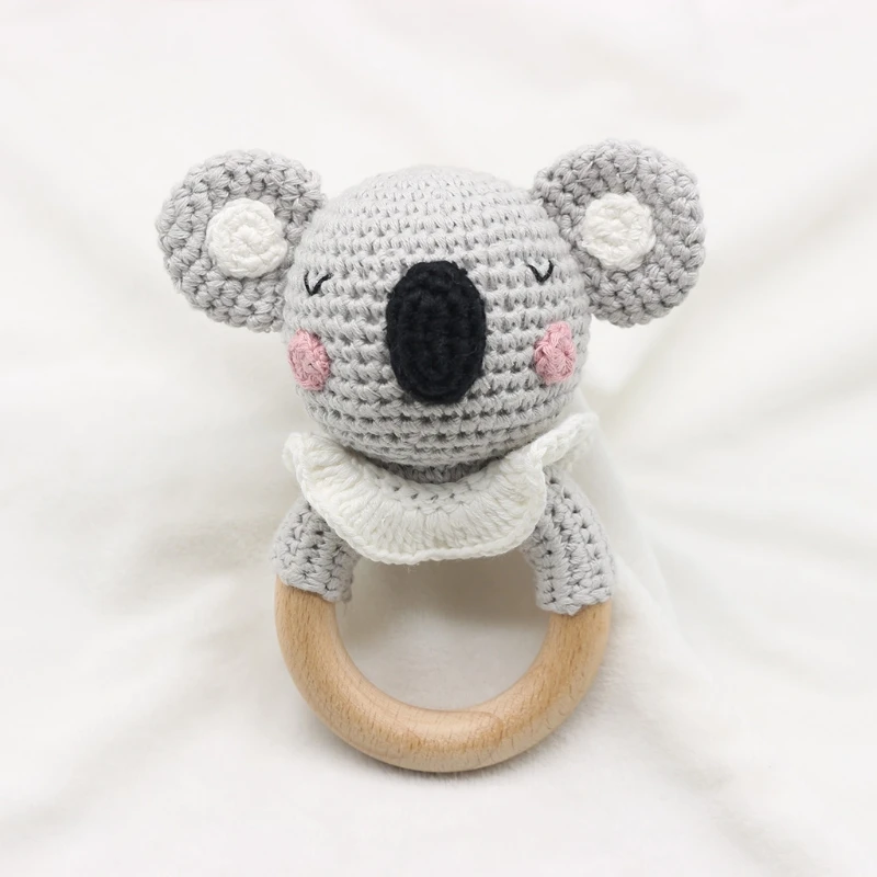 

Wooden Ring Baby Teether Cotton Thread Crochet Animal Koala Rattle Knitted Hand Bell Handmade BPA Free Chewing Teething Toy