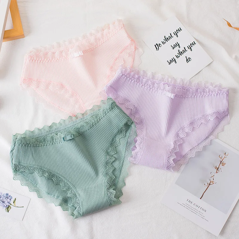 

3PCS Lingerie underwear women New lace panties briefs low waist solid color girls cotton femal ropa interior femenina