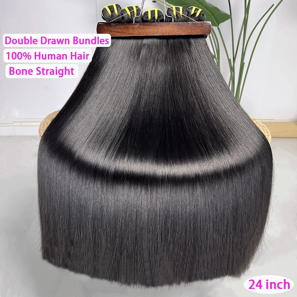 Super Double Drawn Bundles Bone Straight Human Hair Double Weft Unprocessed Raw Virgin Hair Weave Extensions #1B Natural Color