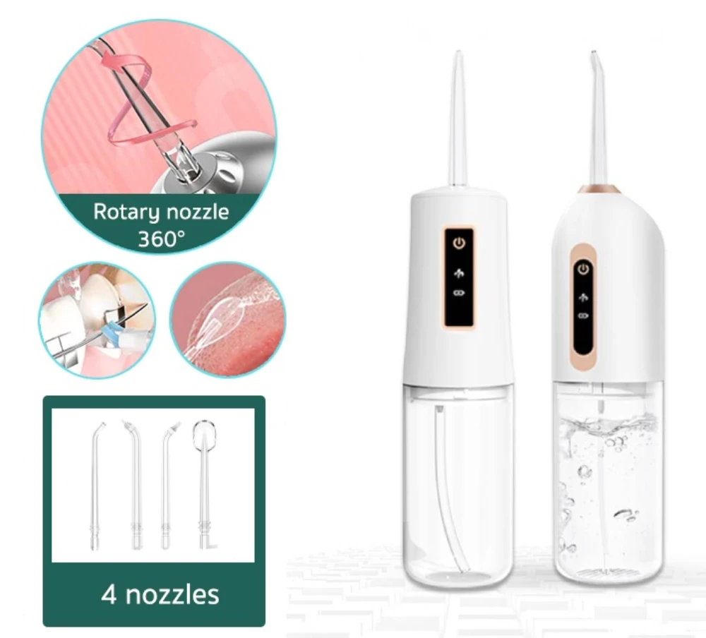 

Water Floss Jet Dental Flosser Oral Irrigator Dental Waterpik 230ml 4 nozzles Waterproof IPX7 High Pressure Low Noise