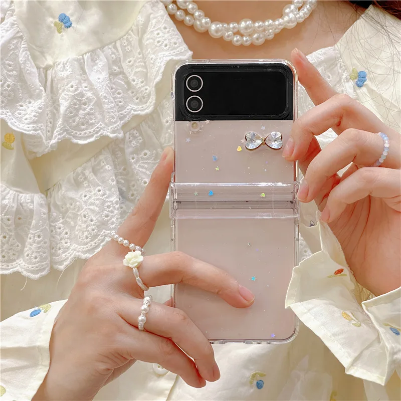 

Ins Style Star Sparkling Diamond Bow Phone Case for Samsung Galaxy Z Flip 4 3 Hard Cover for ZFlip3 Zflip4 Solid Shell Bracket